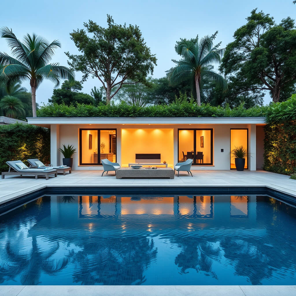 Luxury pool at dusk with warm interior lighting