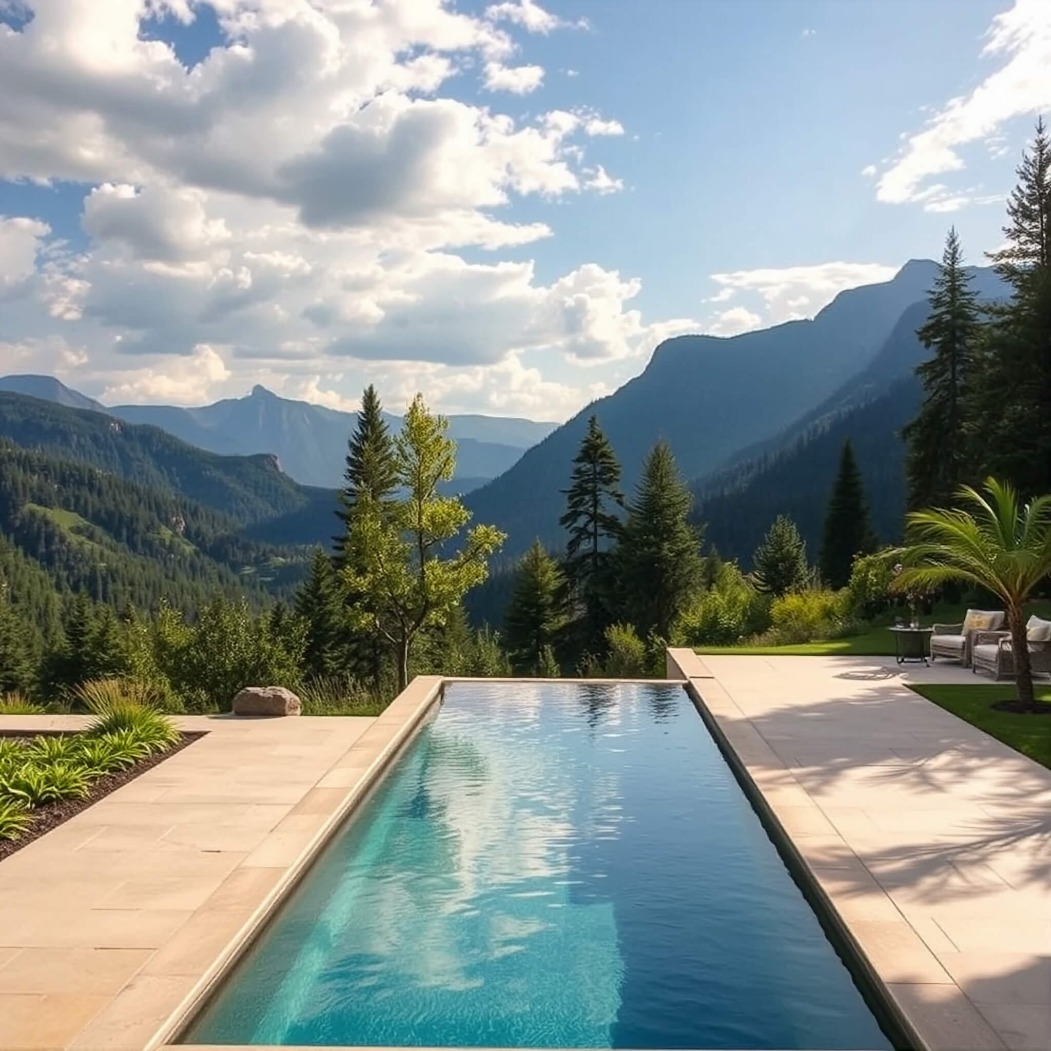 Luxury pool with rectangular cover and mountain valley view