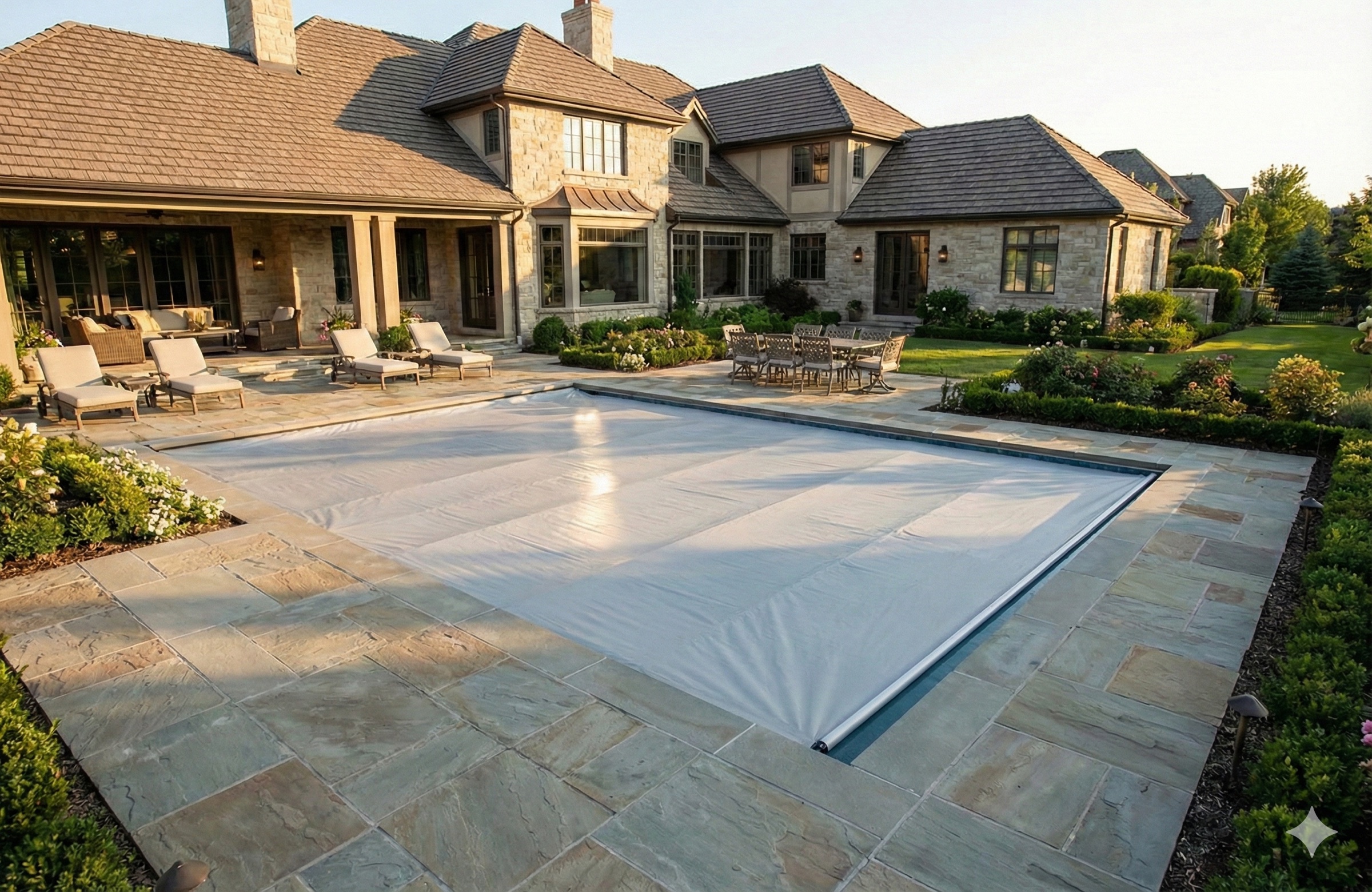 Stone manor with automatic pool cover retracting at golden hour