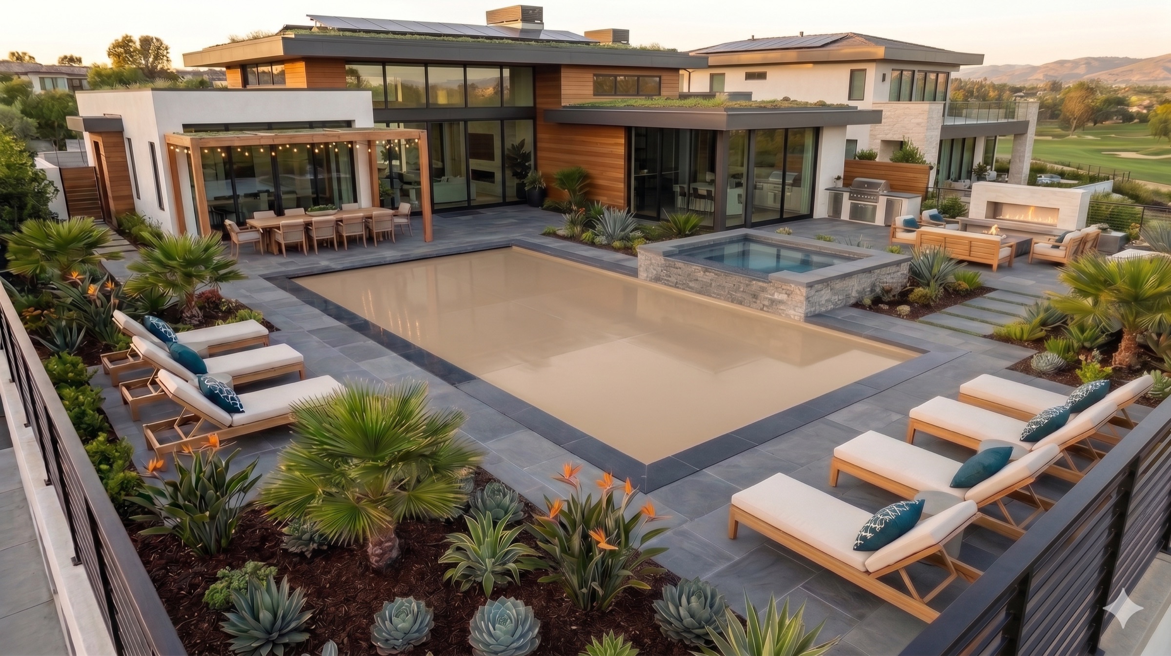 Modern luxury home at sunset with beige champagne automatic pool cover