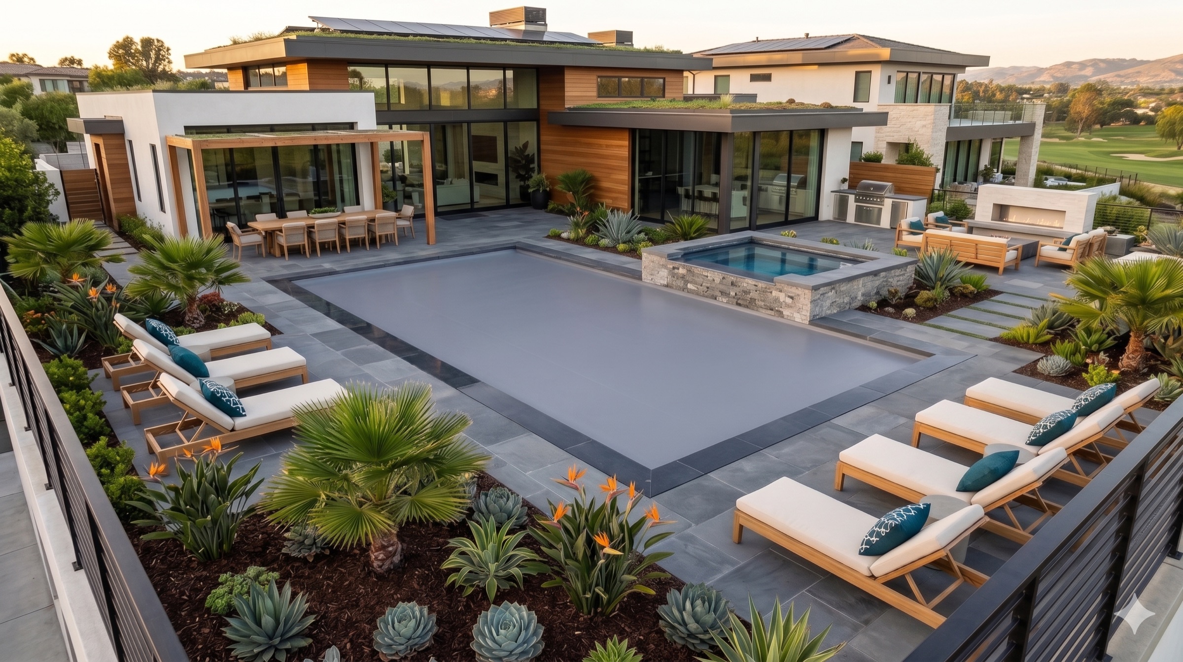 Modern luxury home at golden hour with grey automatic pool cover