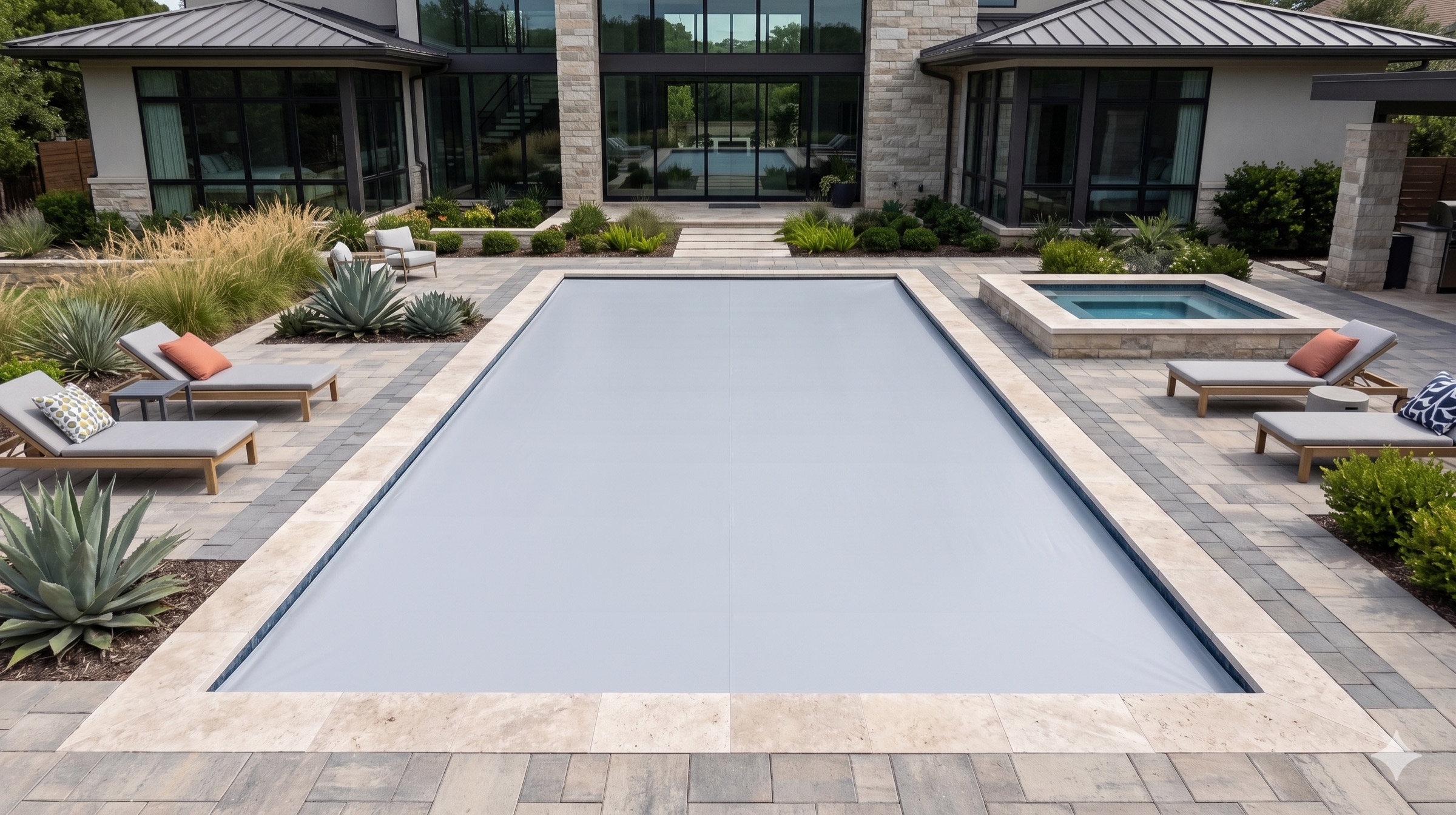 Symmetric contemporary stone home with grey automatic pool cover