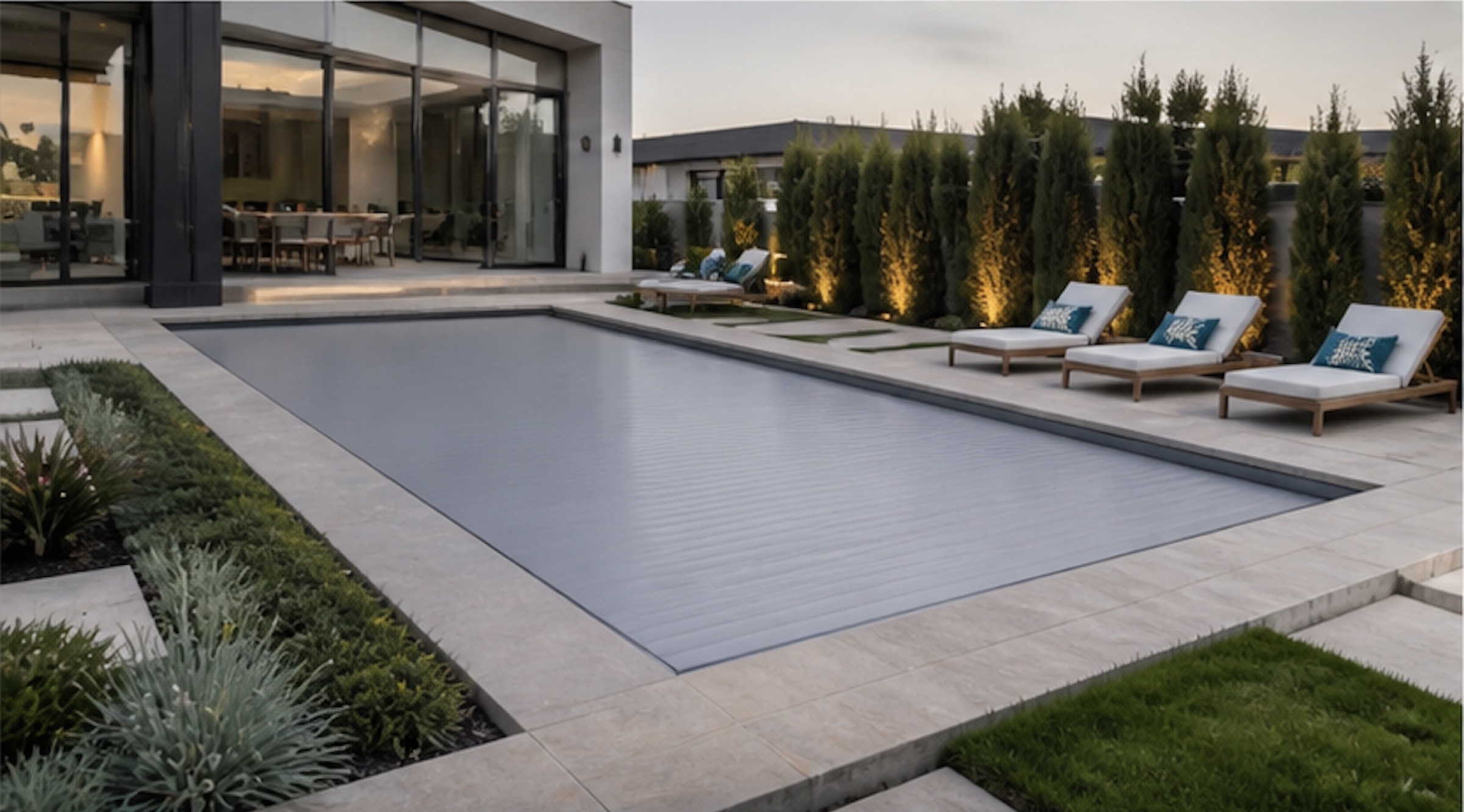 Pool with cypress hedge and lounge chairs