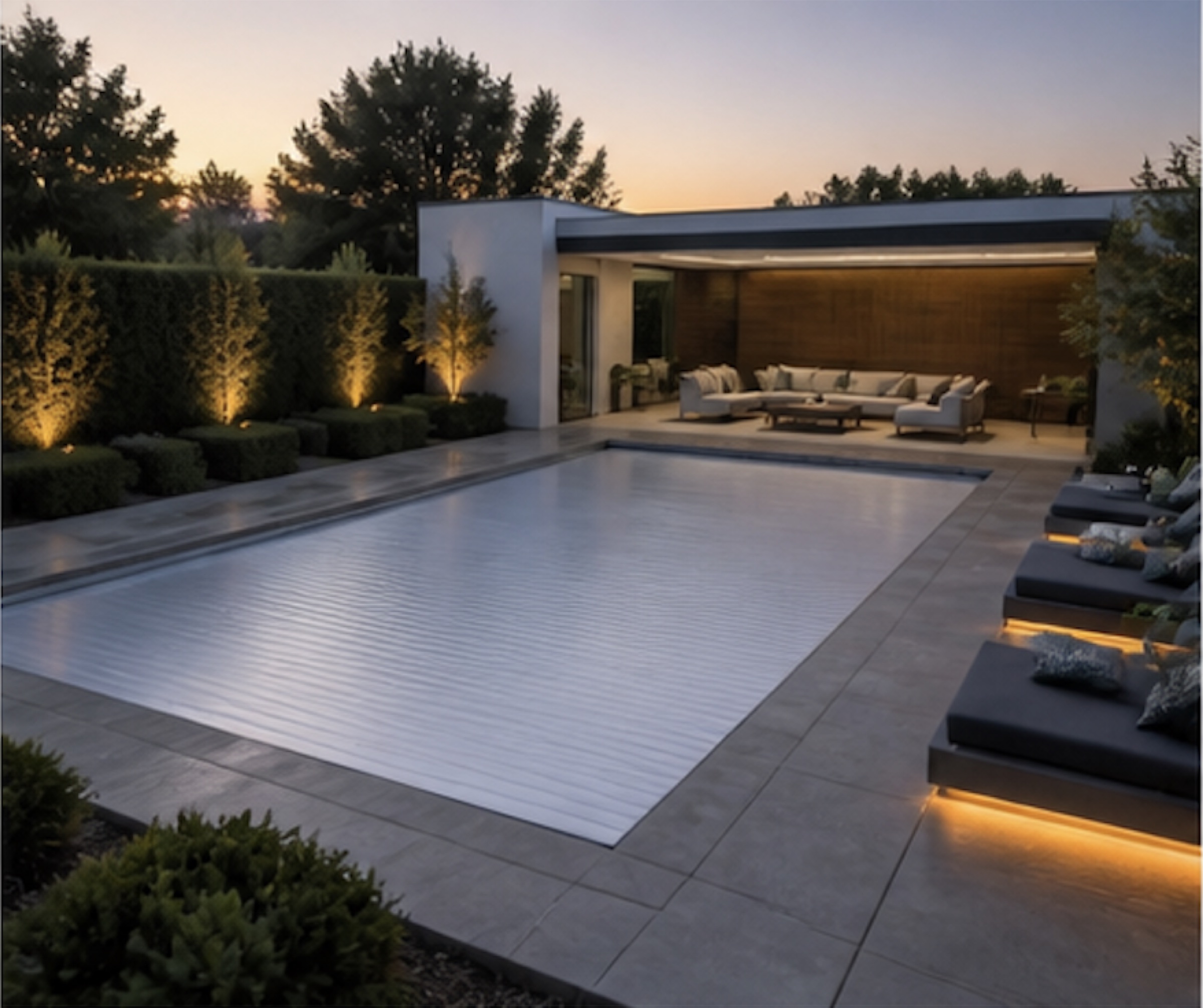 Pool at sunset with green hedge wall and warm uplighting