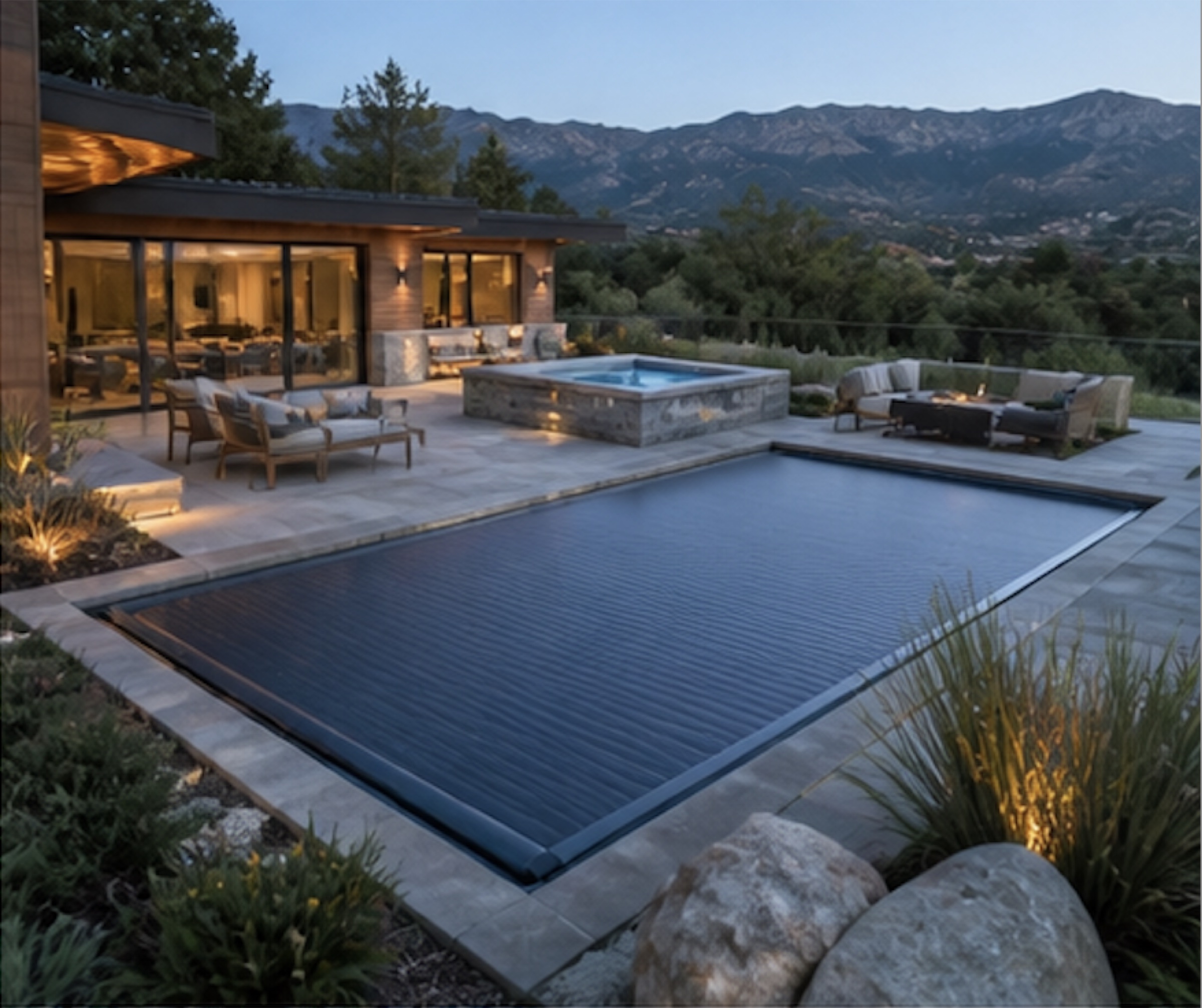 Modern home with dark slat pool cover and mountain backdrop