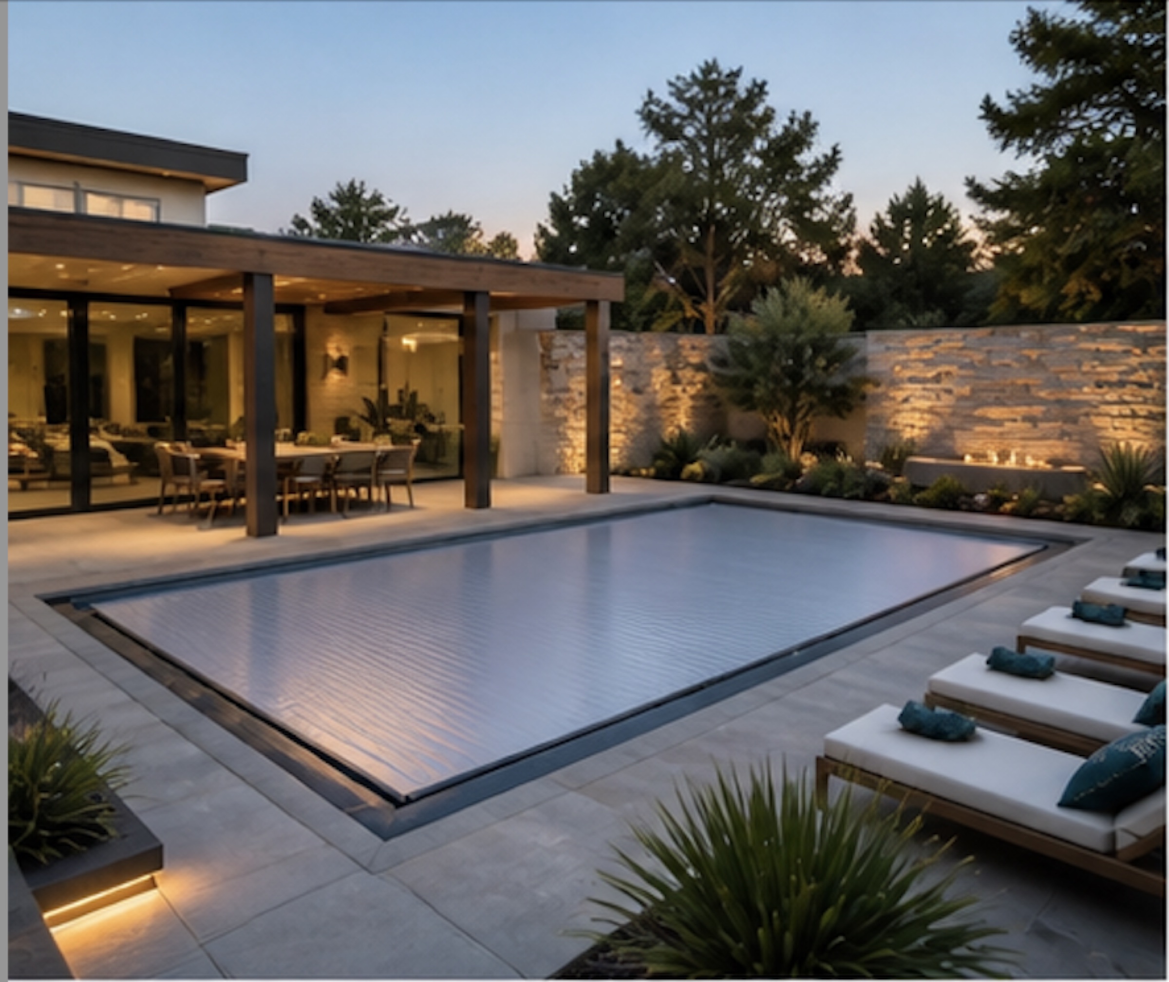 Pool at dusk with stone wall and integrated lighting