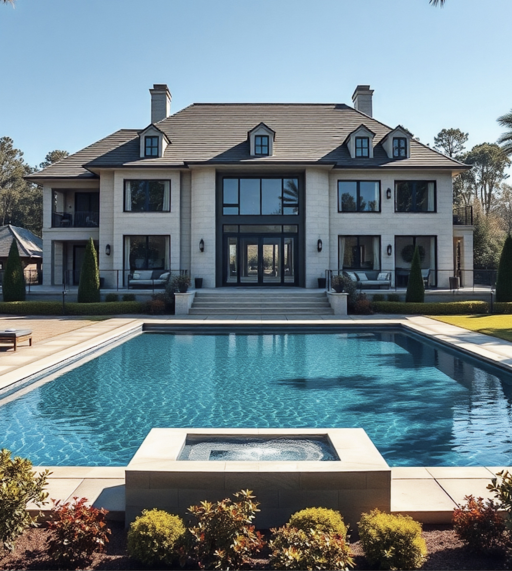 Symmetric white estate with rectangular pool and automatic cover